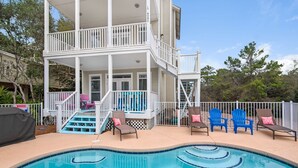 A two-story house with a pool and outdoor seating. - 30A 5 Minute Walk to Beach / Private Heated Pool / View / Family Vacation (Santa Rosa Beach)