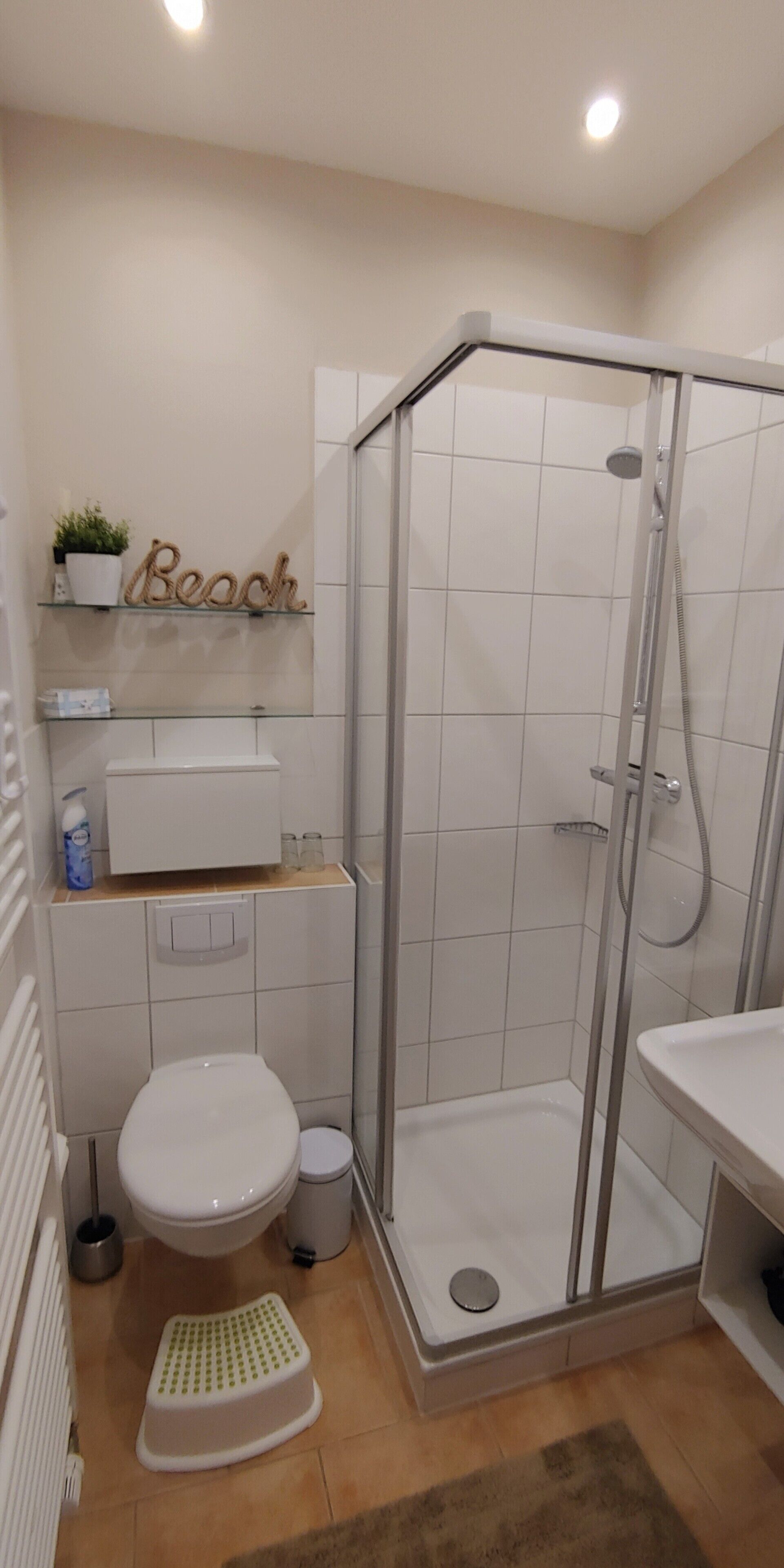 Une salle de bain avec une douche à parois de verre, des toilettes, un petit tabouret et une étagère sur laquelle se trouvent une plante et un panneau indiquant « Plage ».