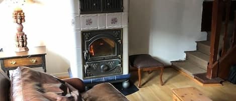 Televisión, chimenea y estéreo