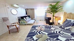1 bedroom, desk, iron/ironing board, travel cot