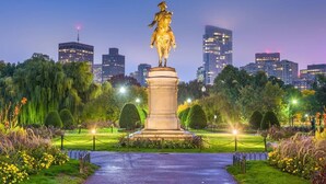 A statue in a park with a city skyline in the background.