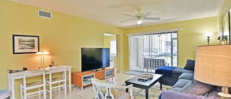 Flat-screen TV, music library