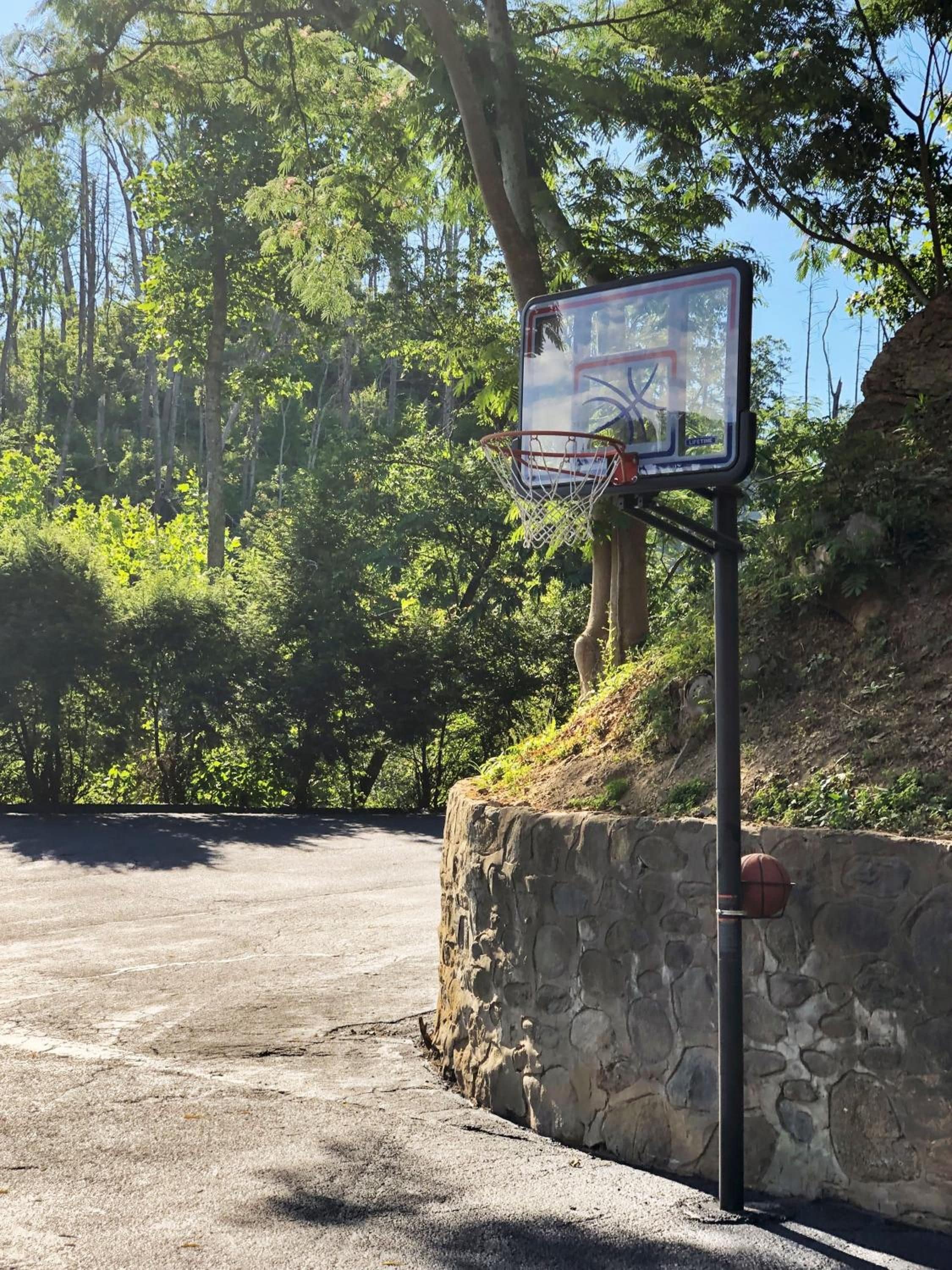 Un panier de basket fixé à un mur en pierre, avec un ballon de basket suspendu au poteau.