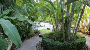 A garden pathway with a circular stone border, surrounded by various tropical plants and trees.