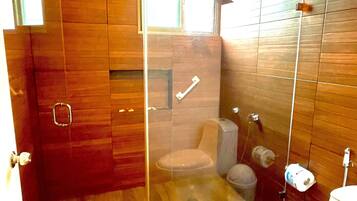 Combined shower/tub, jetted tub, hair dryer, bidet
