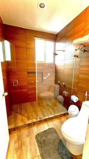 Combined shower/tub, jetted tub, hair dryer, bidet