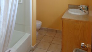 Et badeværelse med bruser, toilet og vask.