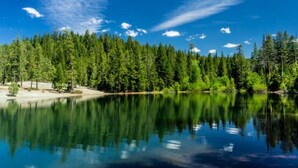 A serene lake with dense forest on one side and a clear blue sky. - Charming home in Sierra Nevada Foothills (Foresthill)