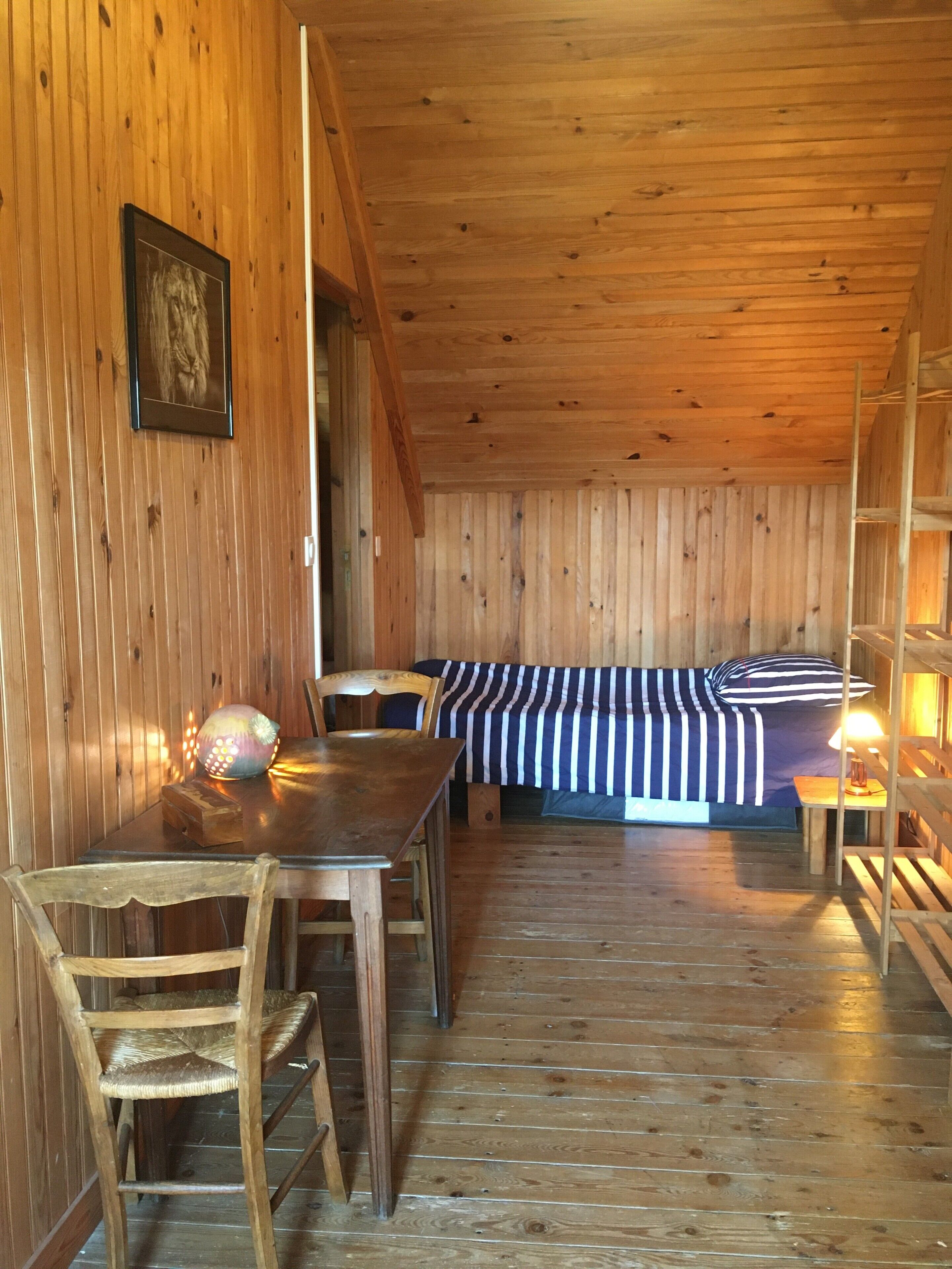 Un interior de madera con una cama, una mesa y sillas.