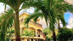 A two-story building with a pool, surrounded by palm trees and various plants.