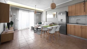 Una cucina moderna con mobili in legno, un frigorifero in acciaio inossidabile e un'area pranzo con tavolo e sedie.