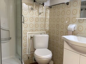 Un baño con inodoro, lavabo y zona de ducha.