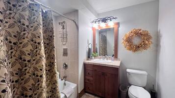 A bathroom with a shower curtain, a bathtub, a sink with a mirror, and a toilet.