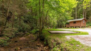 Una cabaña rústica en un área boscosa con un pequeño arroyo cercano.