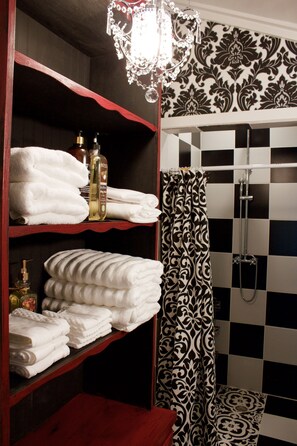 Shower, towels, soap, shampoo
