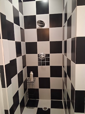Shower, towels, soap, shampoo