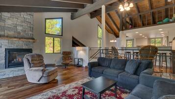 TV, fireplace, table football