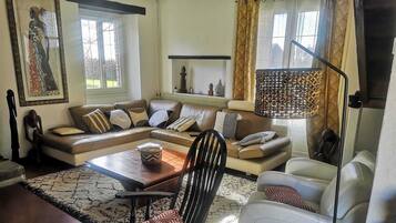 Smart TV, fireplace, books, stereo