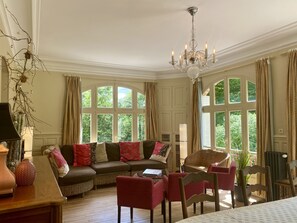 Télévision, cheminée, lecteur de DVD, table de tennis de table