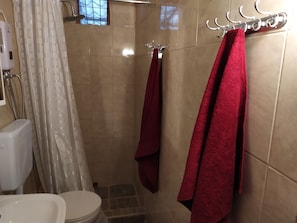 Ducha y bañera combinadas, secador de pelo, toallas y jabón