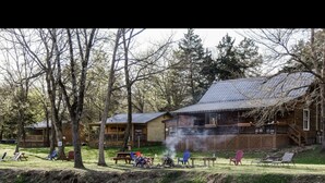 Une cabane rustique avec un toit en métal, entourée d’arbres et bordée d’un petit étang.