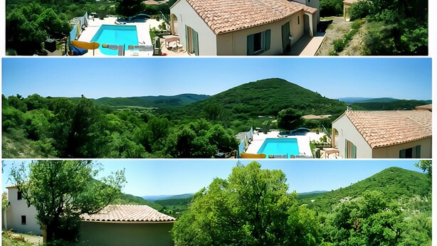 Una villa con piscina, rodeada de exuberante vegetación y colinas.