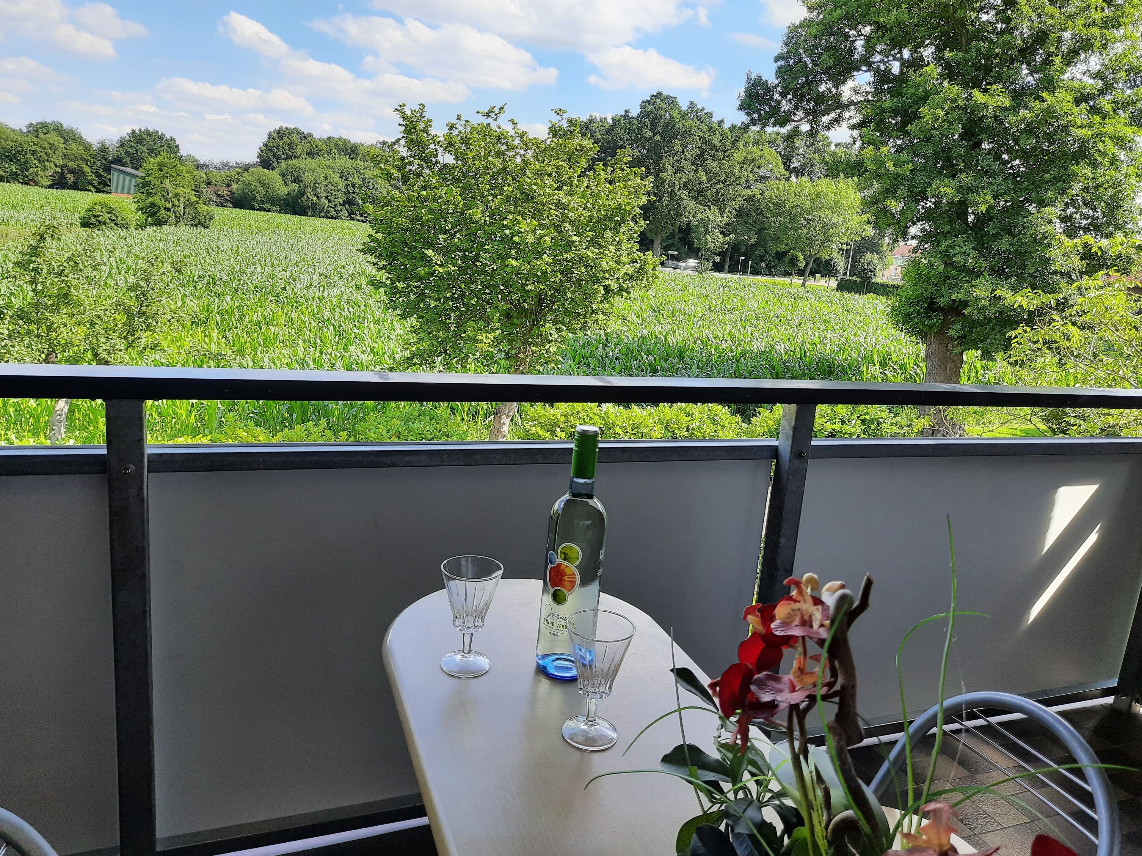 Ein Balkon mit Tisch, einer Flasche und einem Glas.