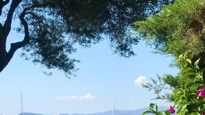 A garden with lush greenery and pink flowers, leading to a beach with sailboats and a clear blue sky.