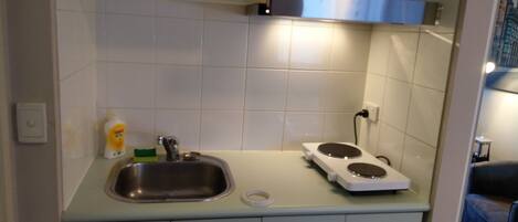 Fridge, microwave, electric kettle, toaster