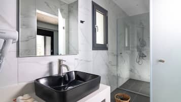 Shower, rainfall showerhead, hair dryer, bathrobes