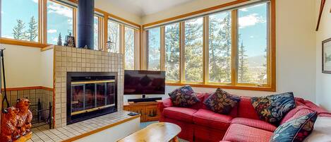 TV, fireplace, books