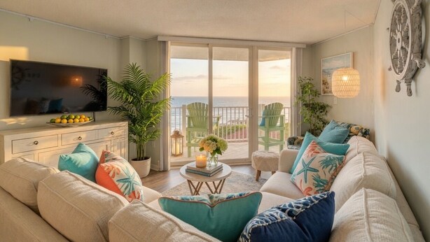 A living room with a television, a sofa, a coffee table, and a view of the ocean through a sliding door. - 🌊Labor Day Available! Aug 30-Sept 3🔥Oceanfront🏝️2 Pools🐬Restaurants Onsite☀️ (North Topsail Beach)
