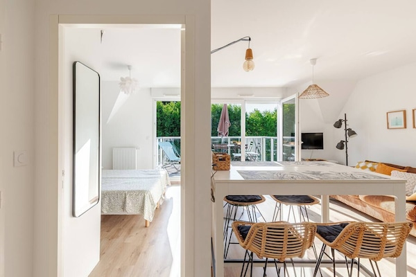Vue de l'entrée, séjour et chambre, coin repas, canapé convertible, TV, balcon.