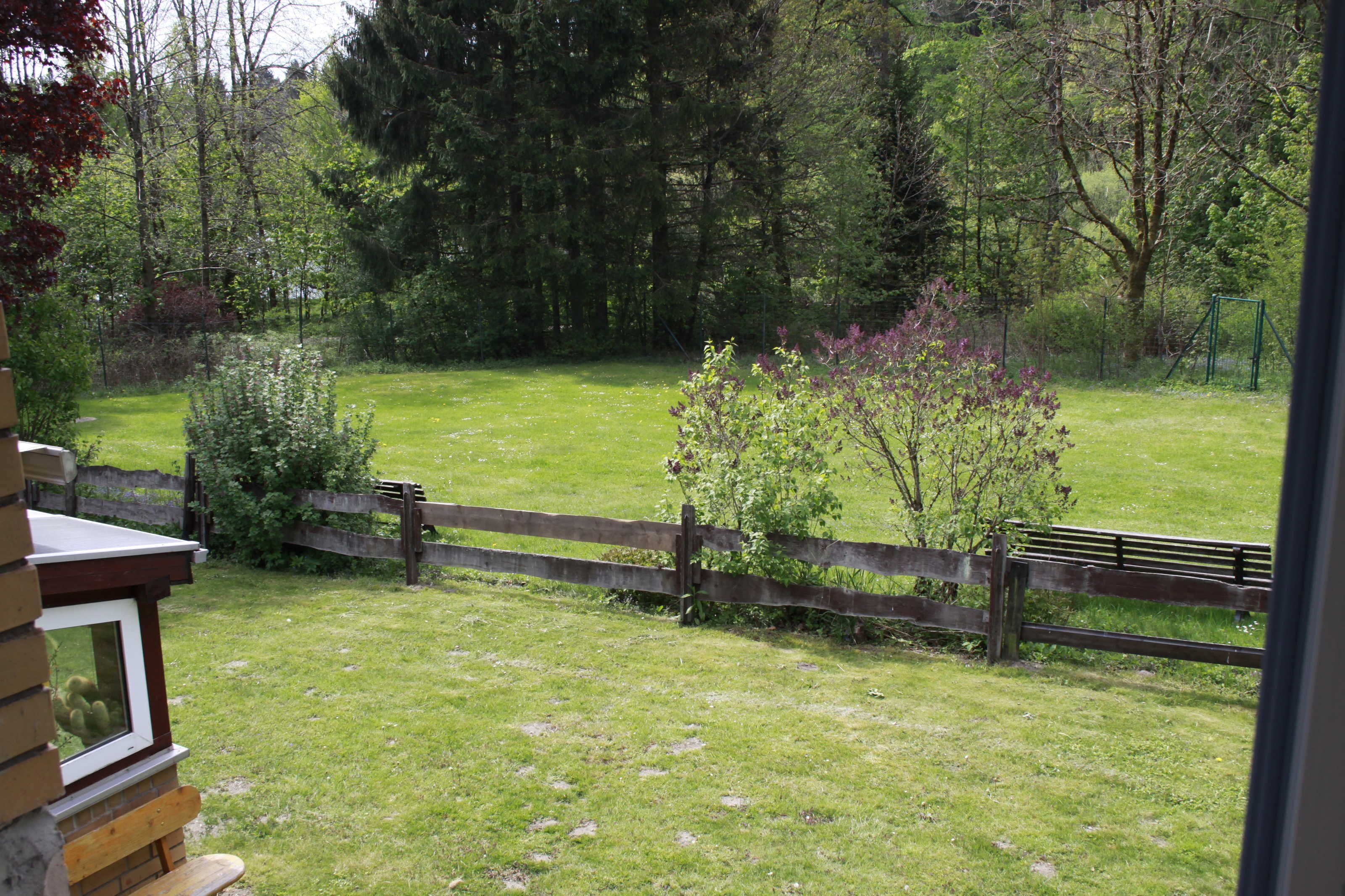 A view of a grassy yard with a wooden fence and trees.