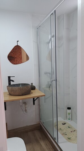 Douche, sèche-cheveux, serviettes fournies, papier toilette