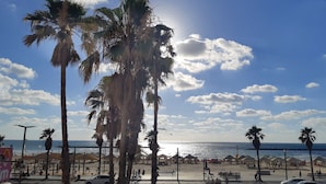 Vista de la playa con palmeras, una carretera y gente paseando.
