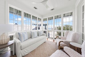 TV, DVD player, video library, stereo