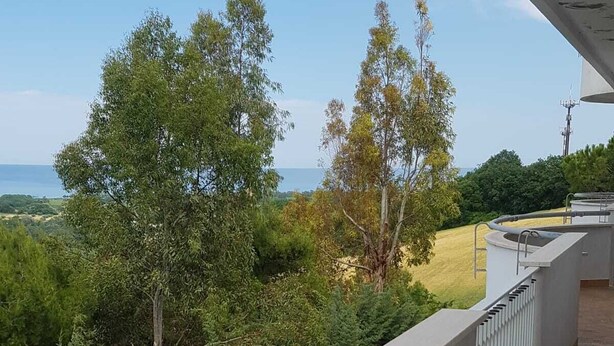 Un balcón con vistas a árboles y un paisaje distante.