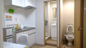 Fridge, microwave, electric kettle, griddle