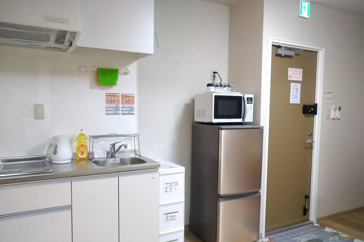 Fridge, microwave, electric kettle, griddle