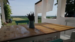 Une table en bois sur laquelle est posé un vase rempli de plantes, un banc vert et une vue sur la campagne.