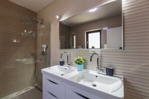 Shower, hair dryer, bidet, towels