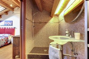 Combined shower/tub, hair dryer, bidet, towels
