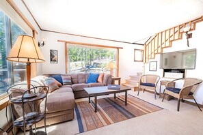 TV, fireplace, DVD player, books