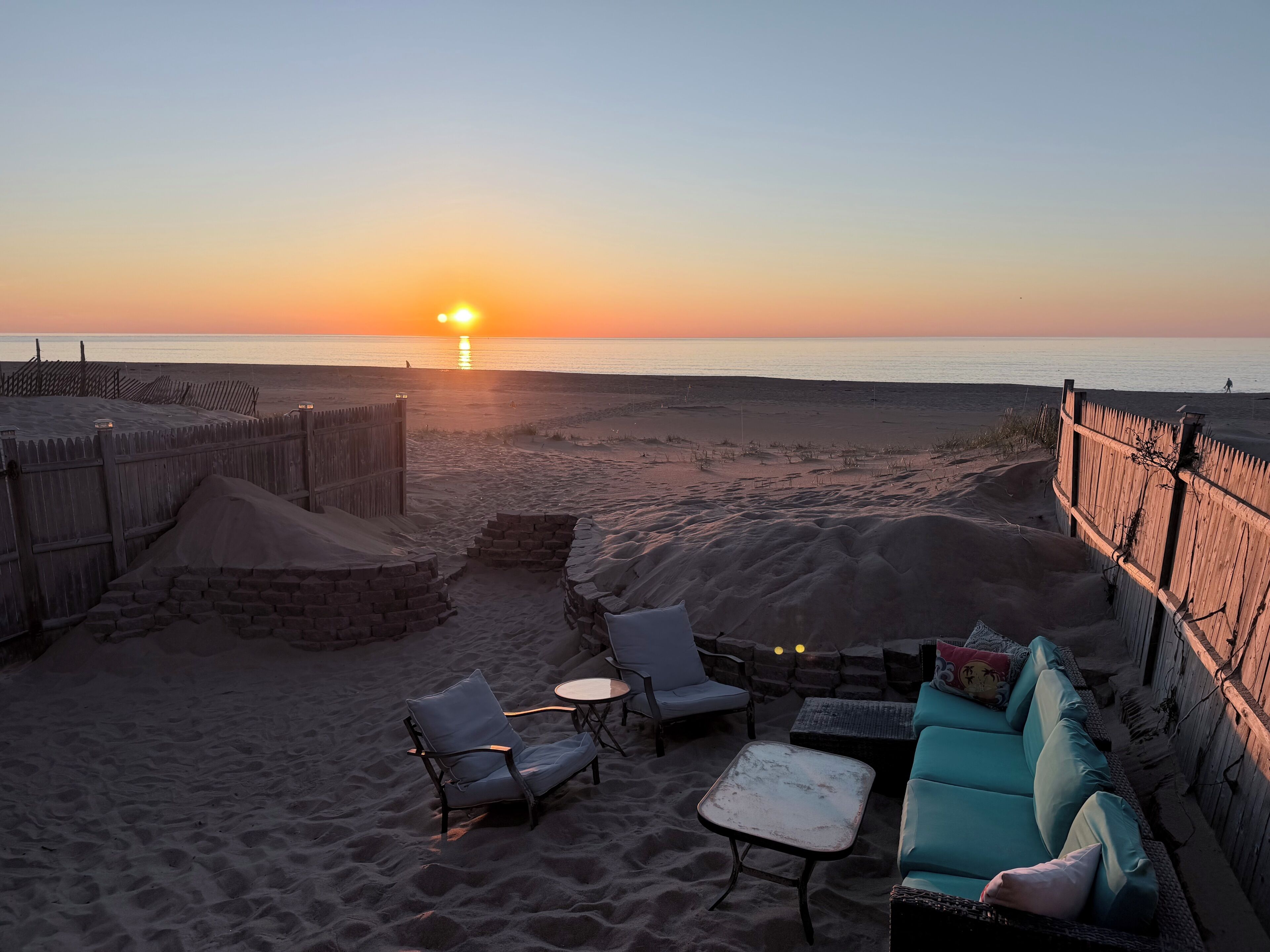 On the beach, sun loungers