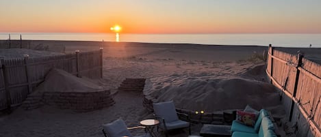 On the beach, sun loungers