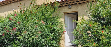 A traditional building with a tiled roof, a white door, and a small set of steps leading to the entrance.