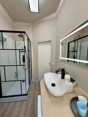 Shower, hair dryer, towels, soap