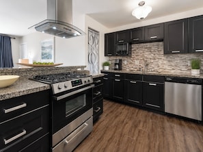 A modern kitchen with black cabinets, stainless steel appliances, and a patterned backsplash.