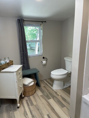 Combined shower/bathtub, hair dryer, towels